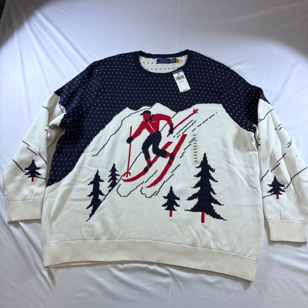 Polo Ralph Lauren Mens Downhill Skier Intarsia Knit Sweater Navy Multi 3XB NEW